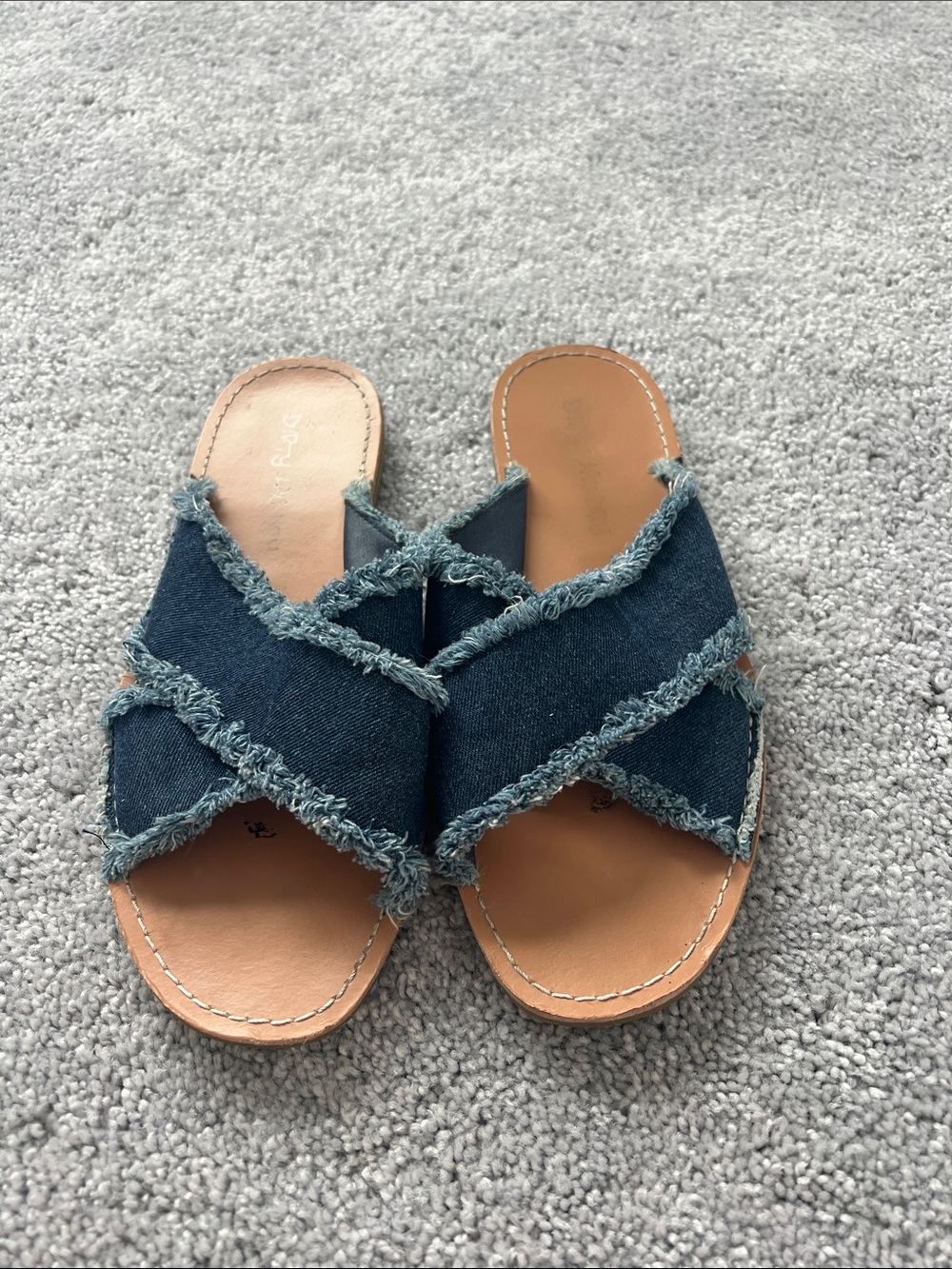 Dirty Laundry Denim Frayed Crossband Sandals - Blue